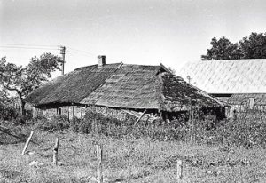 Antano Budrio namas su ūkiniais pastatais po vienu stogu. Juozo Mickevičiaus nuotr., 1968 m. Iš Kretingos muziejaus archyvo
